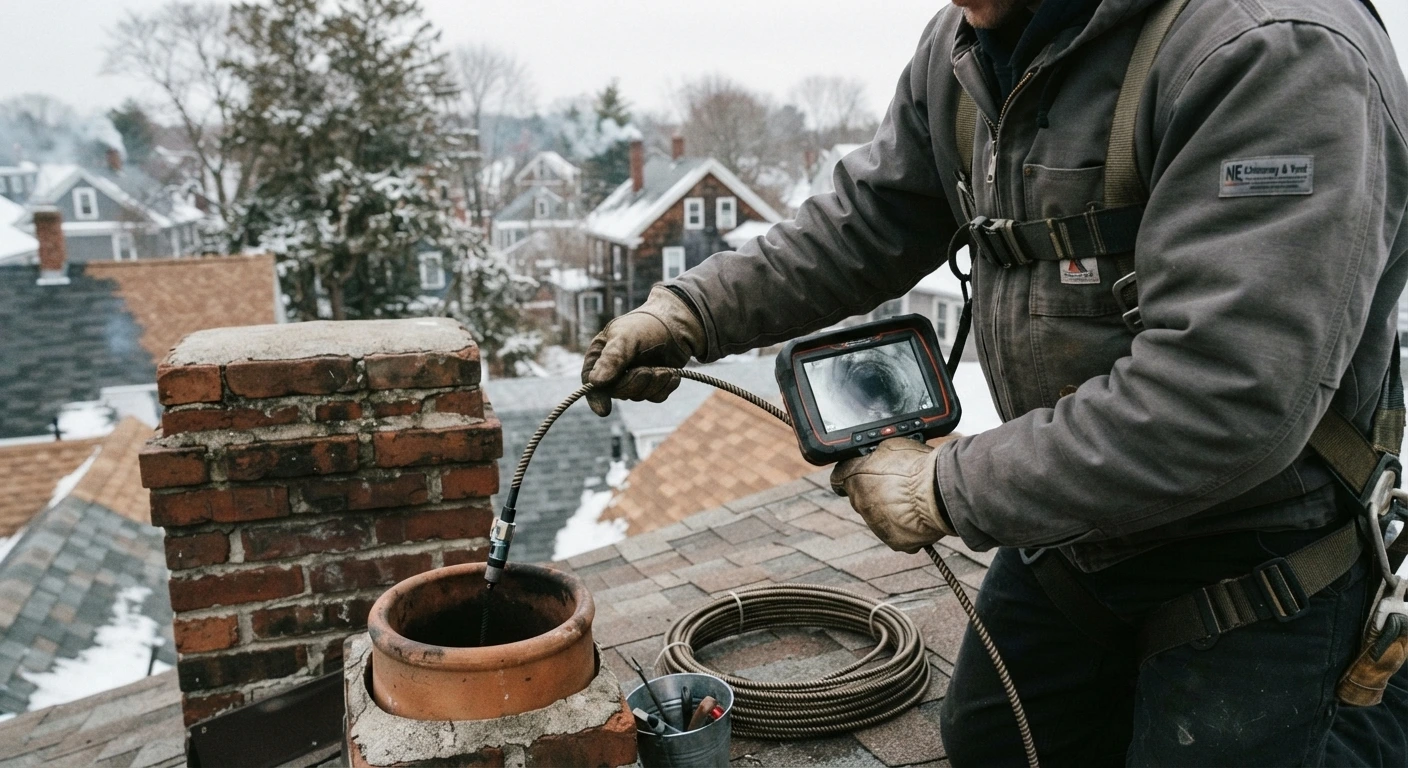 Technician inspecting a chimney flue with a video camera during a Boston home inspection