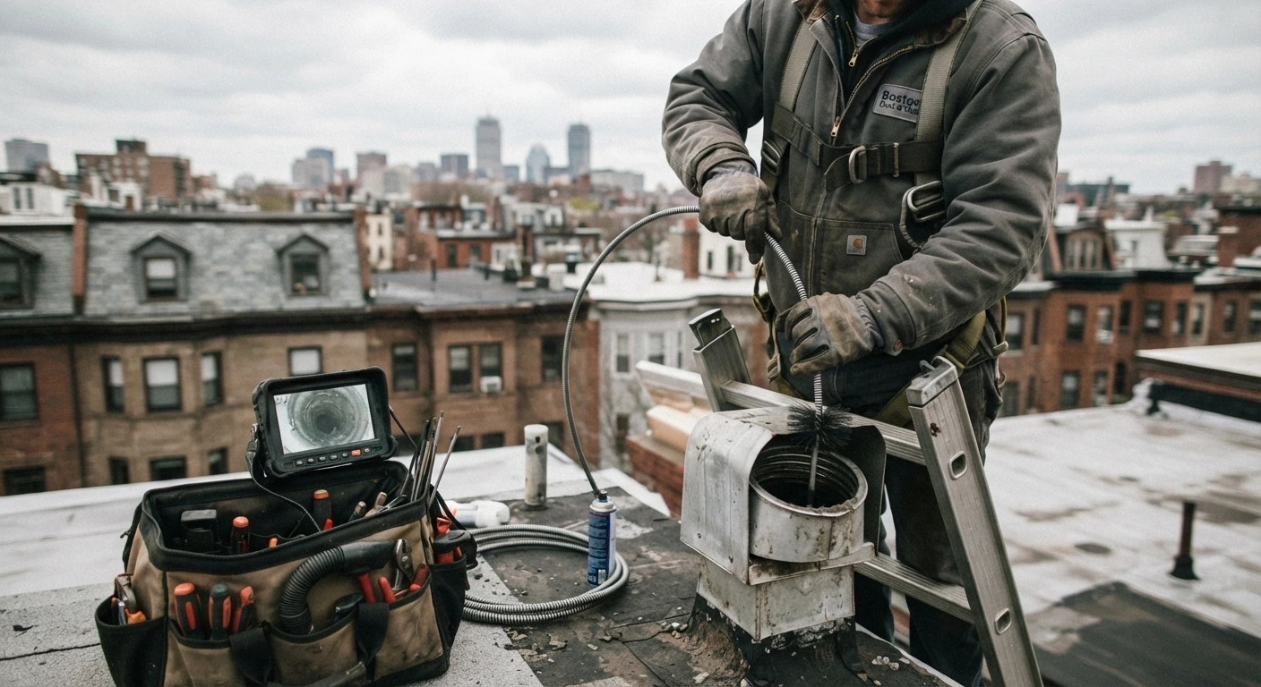 Technician cleaning a commercial dryer vent duct in a Boston multifamily building